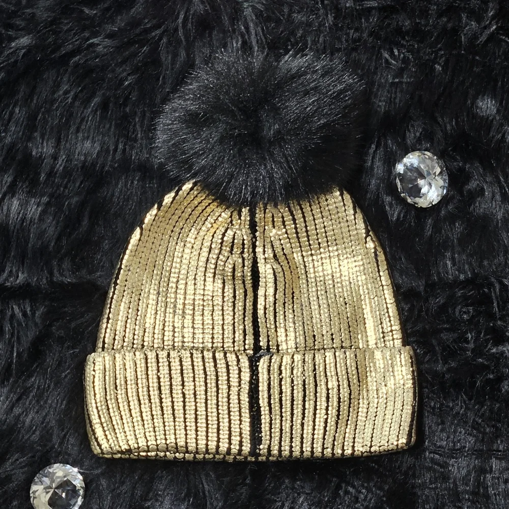 Jocelyn Hat Beanie Gold Metallic Real Dyed Fox Fur Knit Modern Fall Winter Gift